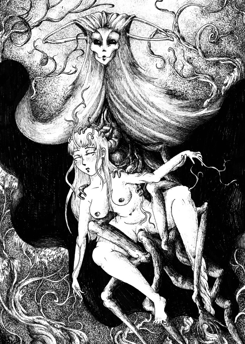 absurdres bare_legs barefoot black_sclera bottomless breasts closed_eyes eldritch empty_eyes expressionless greyscale justsketchingviolets long_hair magic:_the_gathering monochrome monster navel nude overlord_of_the_hauntwoods pussy tentacle_sex tentacles topless transformation