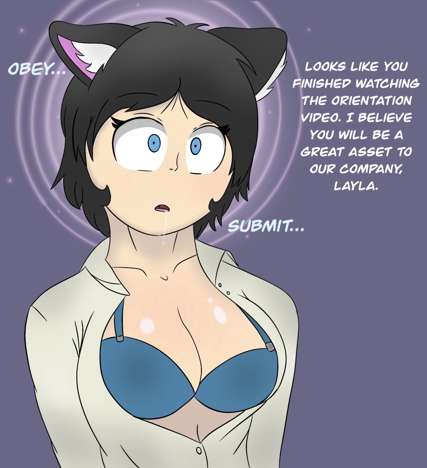absurdres black_hair blue_eyes bra breasts cat_ears cat_girl cleavage collarbone dialogue dress_shirt drool eyebrows_visible_through_hair female_only femsub forced_employee layla_(swirlylayla) office_lady open_mouth open_shirt original short_hair shrunken_irises simple_background spiral swirlylayla symbol_in_eyes text