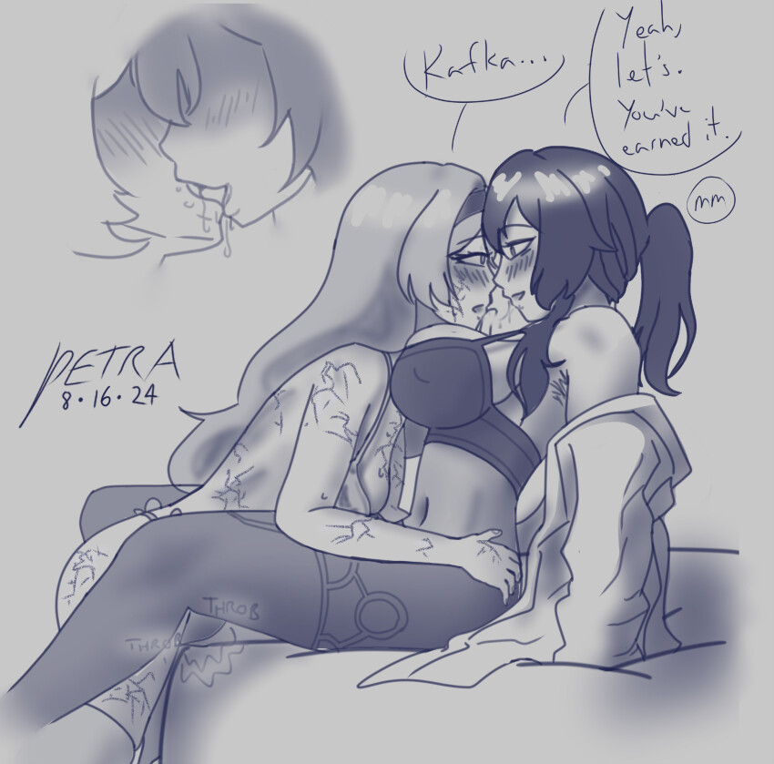 armpit_hair arms_behind_back bed blush bra cleavage collarbone cuddling drool eyebrows_visible_through_hair female_only firefly_(honkai_star_rail) grey_background hair_band hezodronpetra honkai_star_rail kafka_(honkai_star_rail) kissing large_breasts long_hair nail_polish navel panties ponytail scars shirt signature simple_background sitting text thighhighs underwear undressing yuri