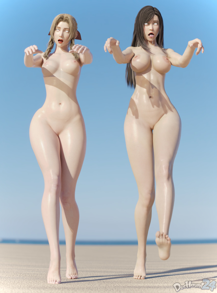 3d abs absurdres aerith_gainsborough barefoot beach black_hair bottomless breasts brown_hair dochaunt drool feet female_only femsub final_fantasy final_fantasy_vii glowing glowing_eyes midriff multiple_girls multiple_subs nude spiral_eyes square_enix symbol_in_eyes tifa_lockhart tongue tongue_out topless watermark zombie_walk