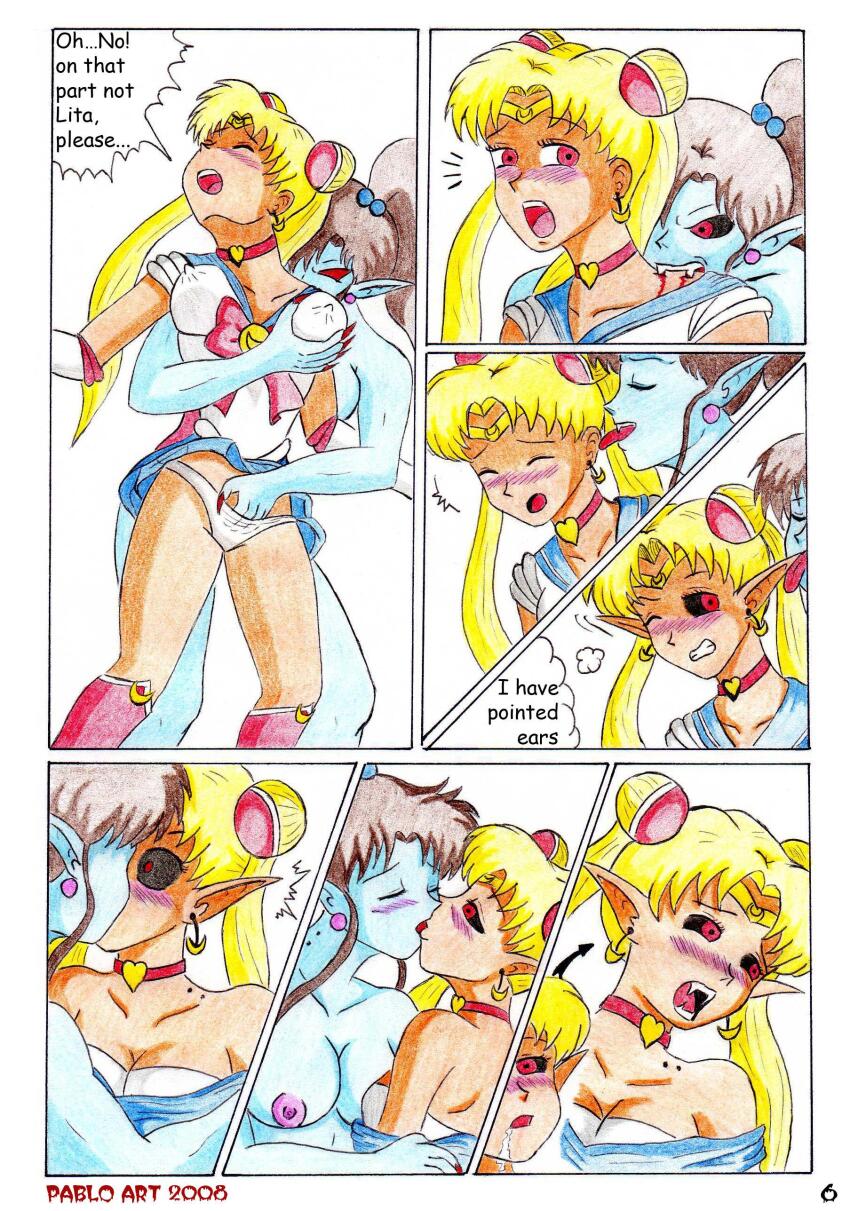 absurdres blonde_hair blood breasts brown_hair comic corruption dialogue elf_ears empty_eyes female_only femdom femsub large_breasts long_hair sailor_jupiter sailor_moon sailor_moon_(series) text topless transformation twintails vampire wounds yuri