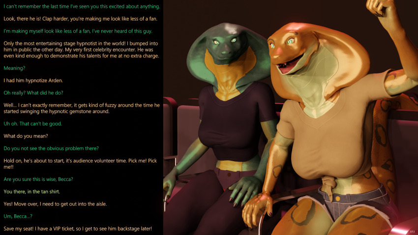 3d becca_(thalarynth) caption dialogue femsub furry humor manip original scalie snake_girl stage_hypnosis story text thalarynth_(manipper) unaware