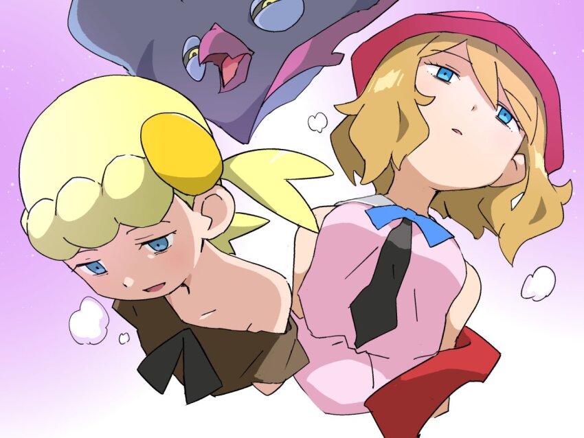 blonde_hair blue_eyes bonnie brown_hair empty_eyes expressionless female_only femsub flat_chest hair_ornament hat hitsugi_mc loli malamar multiple_girls multiple_subs nintendo open_mouth pokemon pokemon_(anime) pokemon_(creature) serena short_hair simple_background tie