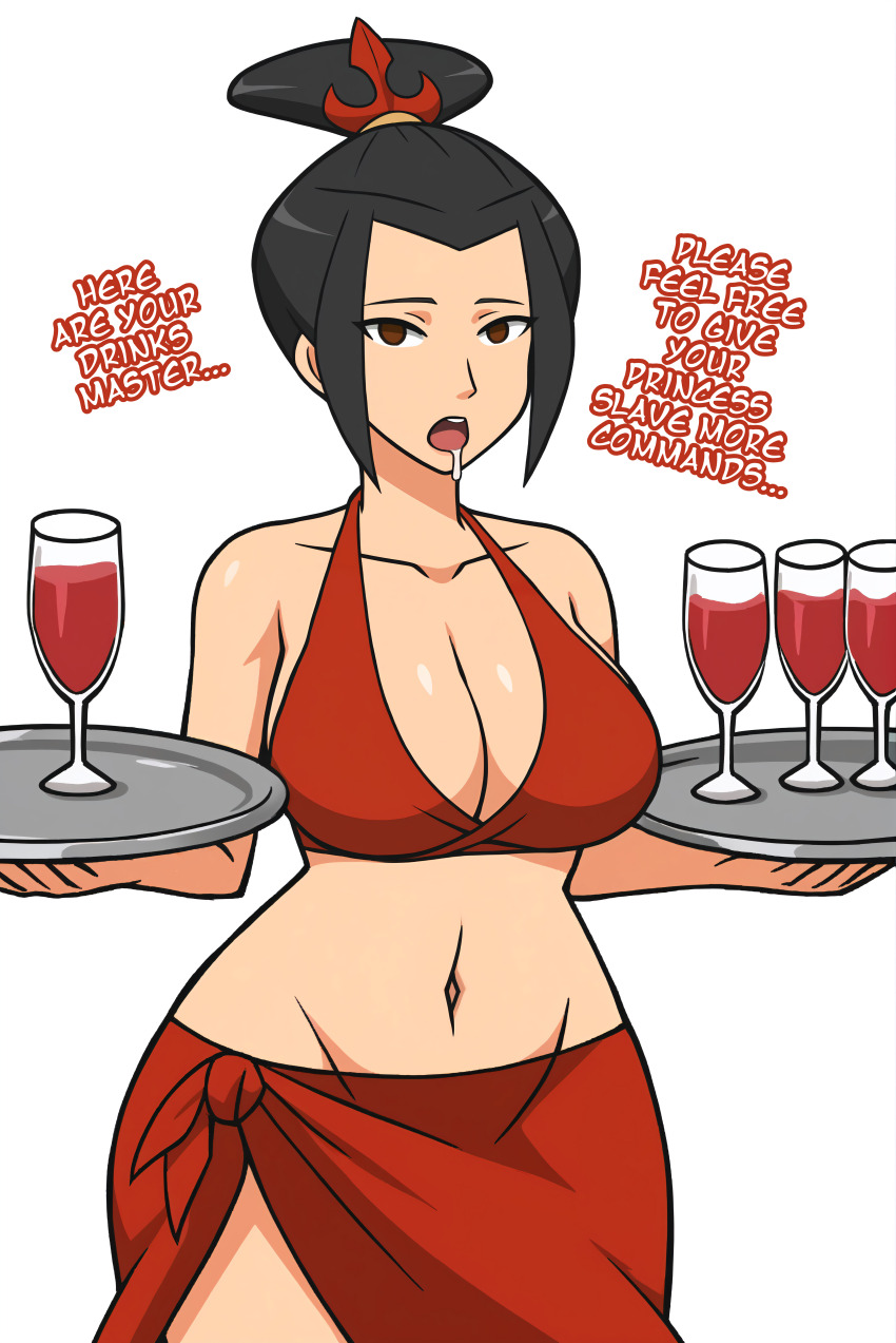 ai_art avatar_the_last_airbender azula bikini bikini_top black_hair brown_eyes cleavage collarbone drool empty_eyes expressionless female_only femsub hair_ornament huge_breasts looking_at_viewer maledom manip midriff minimimic_(generator) minimimic_(manipper) navel open_mouth princess short_hair simple_background stable_diffusion_(ai) text tray white_background