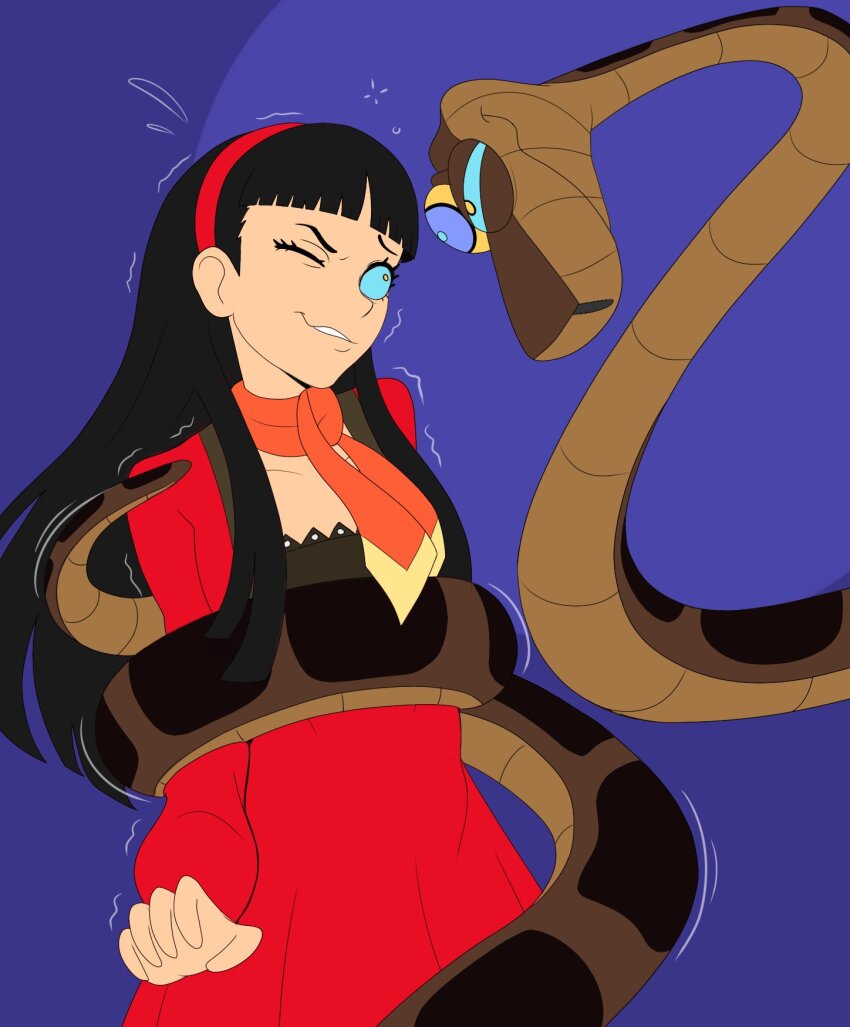 black_hair coils disney dress femsub hairband hypnotic_eyes kaa kaa_eyes long_hair one_eye_open persona_(series) persona_4 plsgts resisting restrained scarf simple_background snake straight-cut_bangs the_jungle_book yukiko_amagi