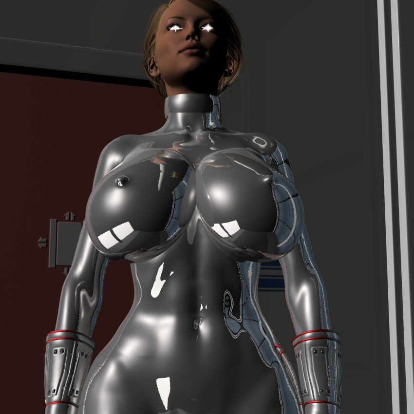 3d blonde_hair bodysuit breasts collar cuffs erect_nipples erect_nipples_under_clothes expressionless glowing_eyes graybot huge_breasts latex original rubber segvs short_hair standing standing_at_attention