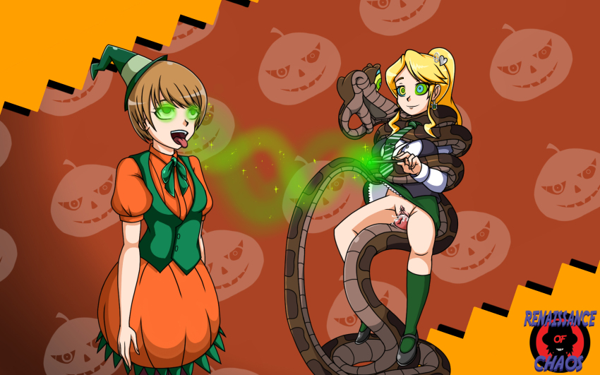 ahegao bestiality blonde_hair bottomless breasts brown_hair chie_satonaka coils cosplay crimson_(stepfordcrimson) cum dazed disney femsub glowing glowing_eyes green_eyes halloween happy_trance hat hypnotic_eyes hypnotized_hypnotist kaa kaa_eyes large_breasts long_hair magic magic_wand maledom open_mouth original penis persona_(series) persona_4 ponytail pumpkin renaissanceofchaos school_uniform sex short_hair smile snake standing standing_at_attention tail the_jungle_book tongue tongue_out vaginal witch witch_hat
