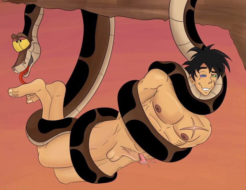 barefoot black_hair bottomless broly carlos5555 coils disney dragon_ball dragon_ball_z erection feet foot_licking hanging_down happy_trance kaa kaa_eyes licking male_only malesub muscle_boy nipples nude penis scars snake the_jungle_book topless