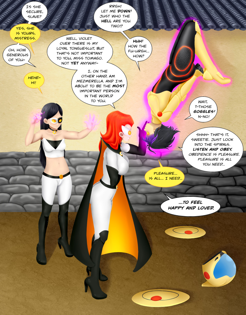 absurdres big_hero_6 black_hair dialogue disney female_only femdom femsub gogo_tomago happy_trance high_heels hypnotic_accessory long_hair mezmerella multicolored_hair painting-pangolin short_hair smile spiral_eyes super_hero symbol_in_eyes tech_control text the_incredibles violet_parr western