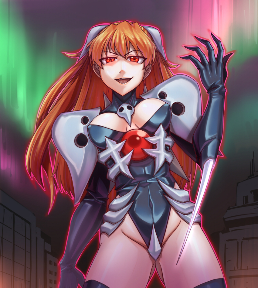 asuka_langley_soryu breasts corruption cosplay erect_nipples evil_smile female_only femsub gloves happy_trance leebigtree leotard looking_at_viewer neon_genesis_evangelion open_mouth orange_hair possession red_eyes sachiel smile solo standing twintails