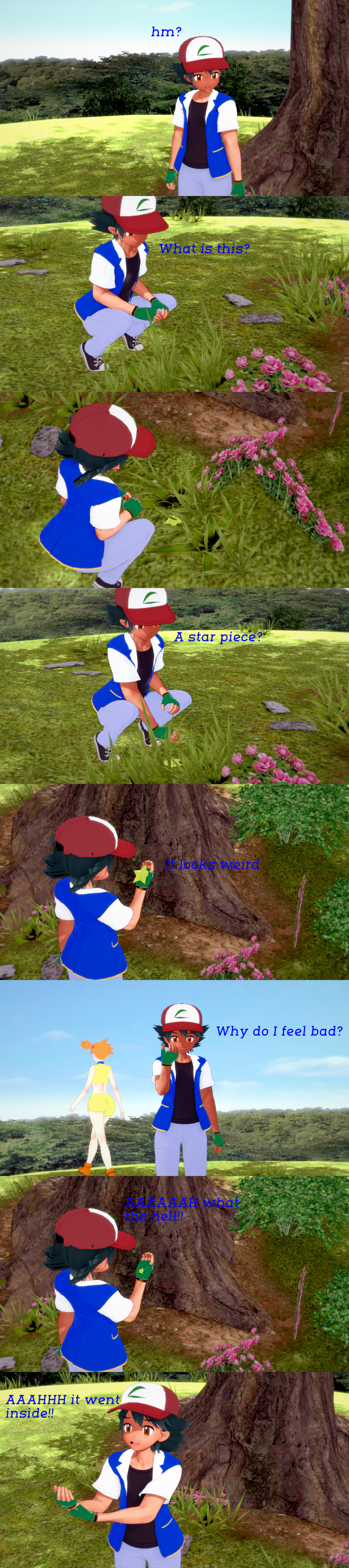 absurdres ash_ketchum aware black_hair brown_eyes clothed confused dialogue english_text horokeu misty nintendo orange_hair pokemon pokemon_(anime) scared short_hair text