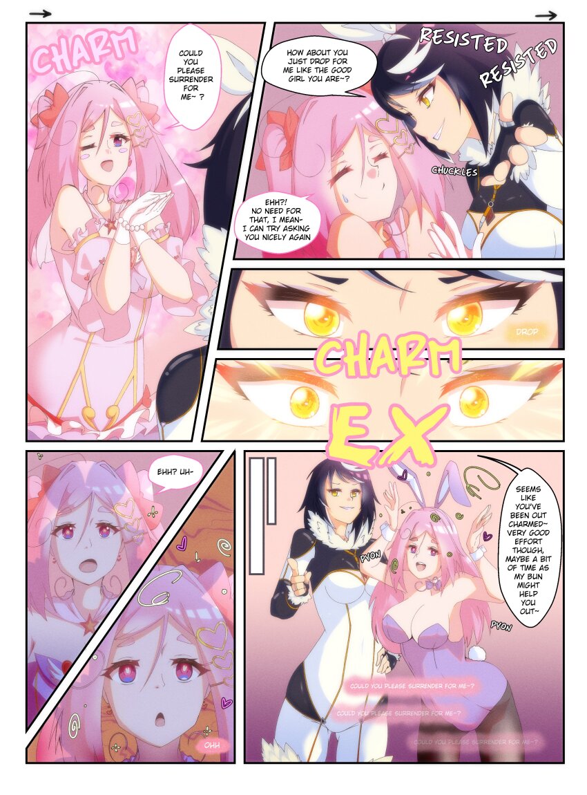 black_hair bunny_ears bunny_girl bunnysuit charm_(spell) cleavage comic dueling_hypnotists fake_animal_ears female_only femdom femsub gojulas long_hair natasha_hinoa_(anno) pink_hair short_hair tagme text yellow_eyes