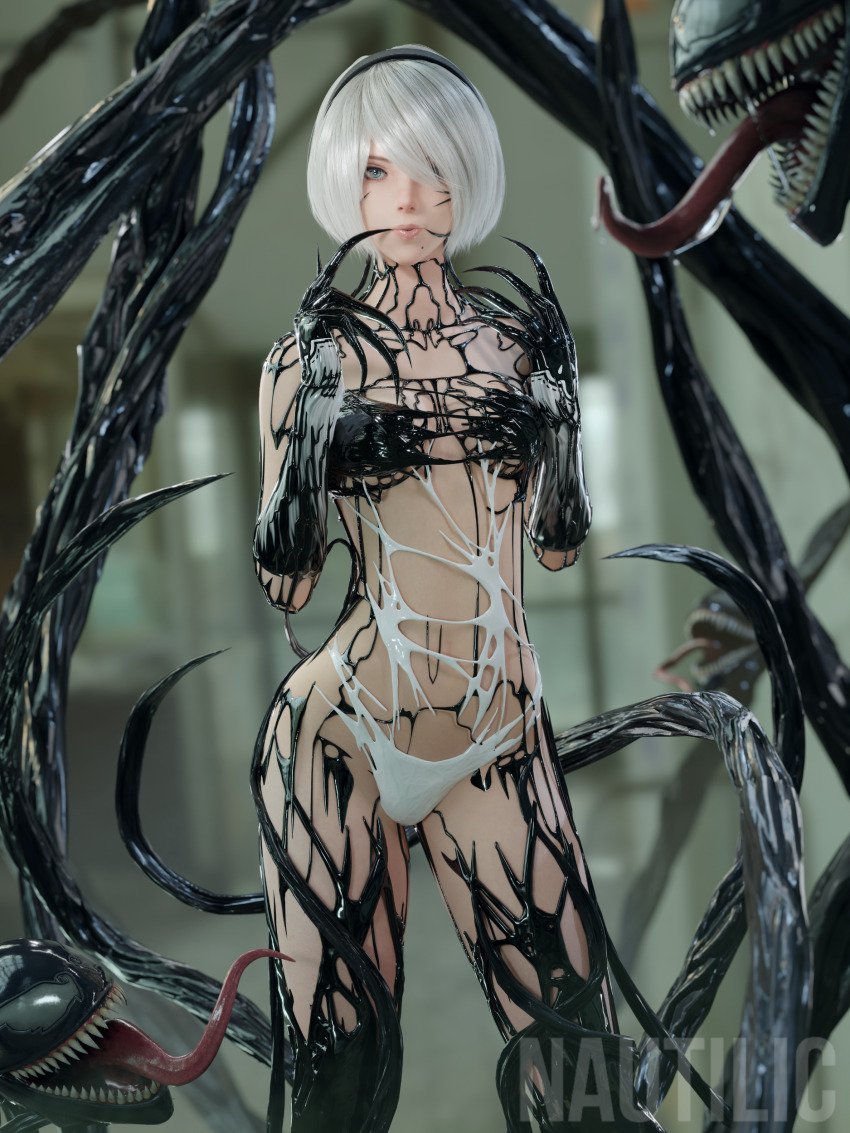 3d alien bare_shoulders blue_eyes crossover female_only femsub gloves hair_covering_one_eye headdress latex living_costume long_nails looking_at_viewer marvel_comics nautilic nier_automata parasite rubber short_hair spider-man_(series) standing symbiote thighhighs venom_(marvel) watermark white_hair yorha_no._2_type_b