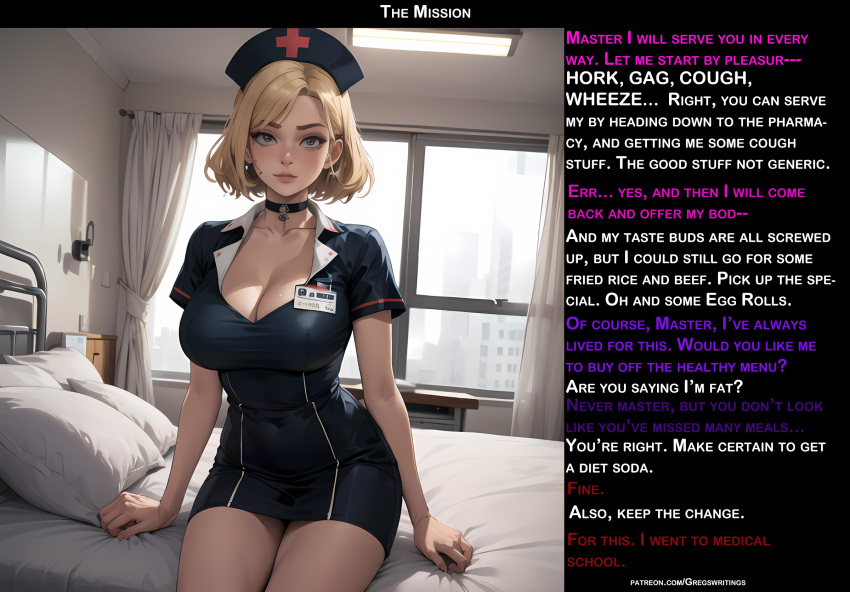 ai_art bare_legs bed blonde_hair breasts brown_eyes caption choker cleavage cleavage_cutout collar collarbone dialogue female_only femsub gregory_michelson_(generator) hat humor large_breasts manip nurse short_hair sitting solo text