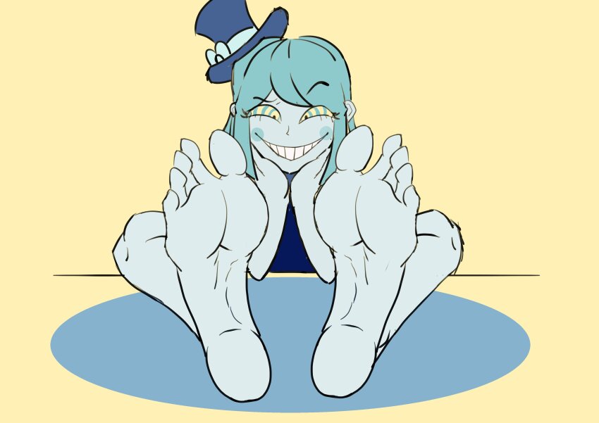absurdres androgynous barefoot blue_hair blue_skin cheeks evil_smile fake_type feet femdom foot_focus hat hypnotic_eyes meigonzales769 princess_ham ring_eyes simple_background smile solo