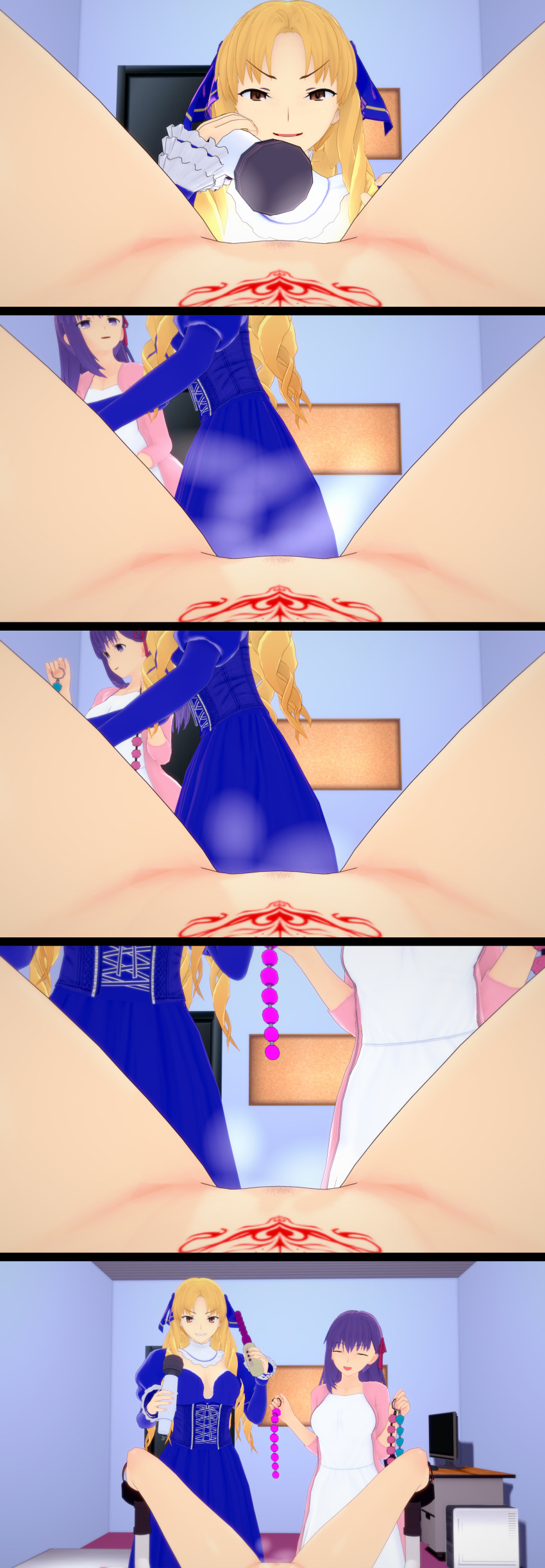 3d absurdres anal_beads blonde_hair breasts breath cleavage clothed crotch_tattoo dress drill_hair evil_smile eyebrows_visible_through_hair fate/hollow_ataraxia fate/stay_night fate_(series) female_pov femdom femsub hair_ornament hair_ribbon hypnotic_tattoo koikatsu! long_hair luviagelita_edelfelt multiple_doms multiple_girls nude orange_eyes pov purple_eyes purple_hair ribbon rin_tohsaka sakura_matou samurai_who_loves_lewd_crests sequence sex_toy smile spread_legs tattoo vibrator yuri