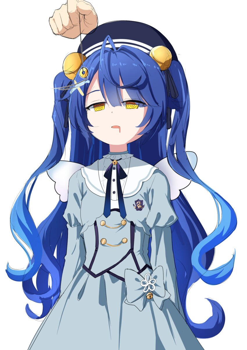 absurdres blue_hair clothed coin dazed dress drool etlabsotwe female_only femsub hair_clips hair_ornament hat heavy_eyelids kokoro_amamiya long_hair nijisanji open_mouth pendulum phantom_hand ribbon simple_background solo spiral_eyes standing twintails white_background wings yellow_eyes