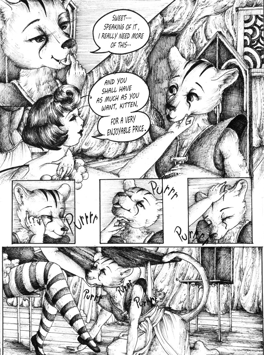 absurdres all_fours bee_girl bug_girl cat_girl comic furry honey justsketchingviolets original smile tabaxi text traditional