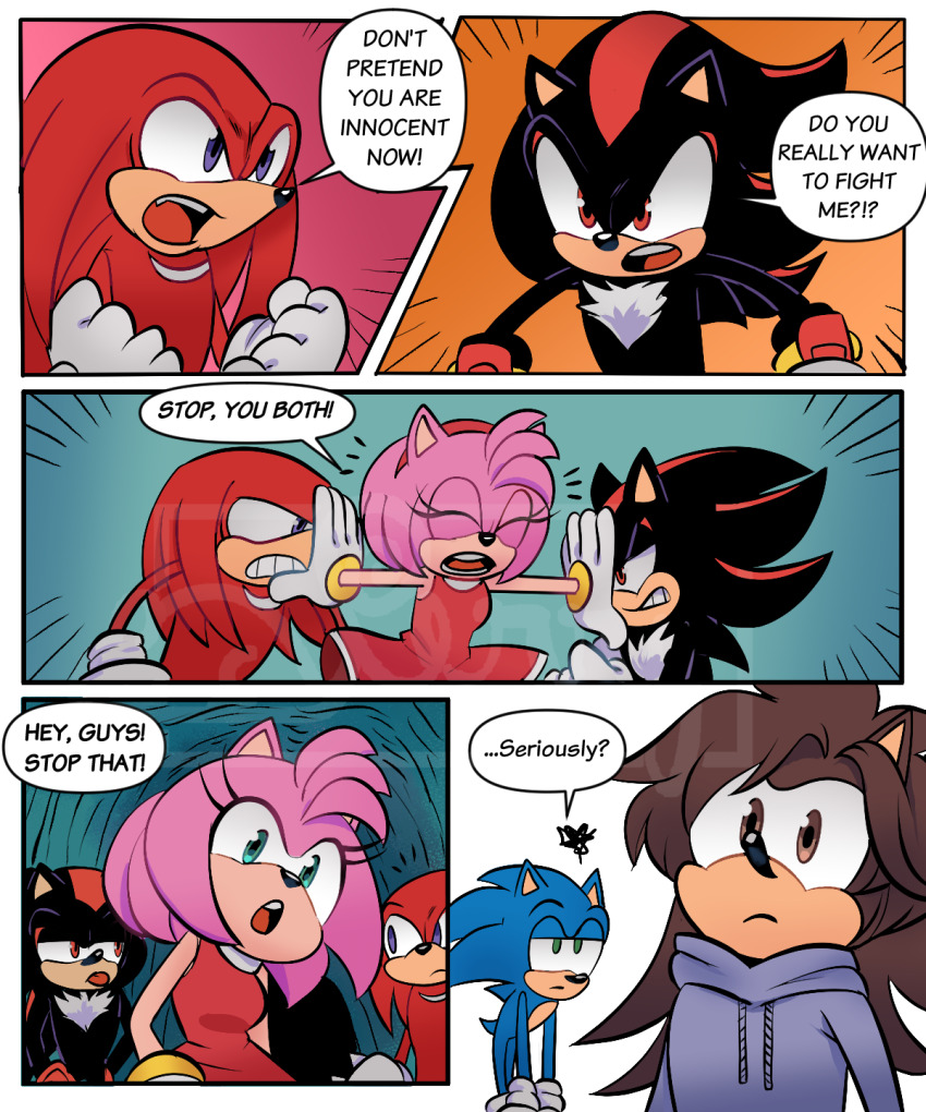 amy_rose bastion_the_hedgehog before_and_after blue_eyes boots brown_eyes brown_hair clothed comic dress echidna_boy eyelashes fox_boy furry gloves green_eyes hedgehog_boy hedgehog_girl knuckles_the_echidna multiple_boys perryrat24 purple_eyes red_eyes shadow_the_hedgehog shoes sonic_the_hedgehog sonic_the_hedgehog_(series) text