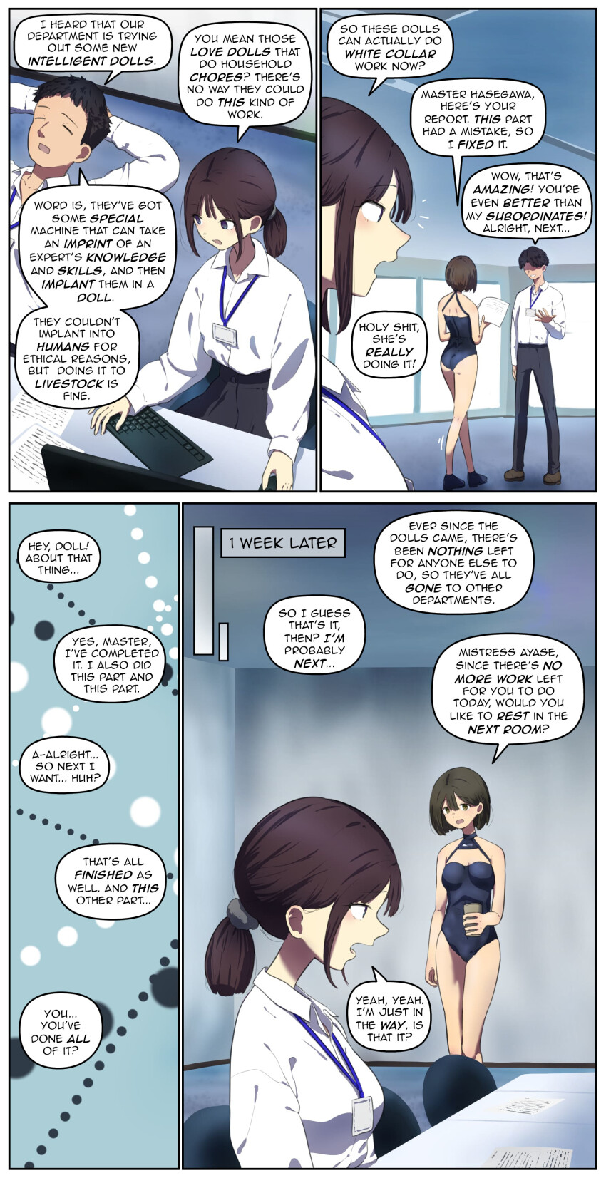 absurdres black_hair blue_eyes brown_eyes brown_hair clothed collar dialogue english_text femdom femsub fest18 hard_translated maledom multiple_doms multiple_girls office office_lady original short_hair swimsuit text translated