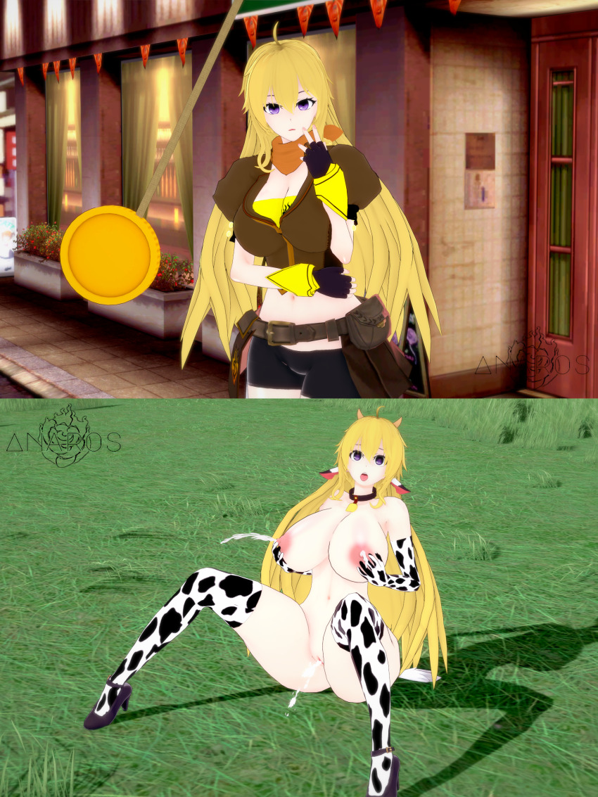 3d ahegao anaros animal_ears ass_expansion before_and_after blonde_hair bottomless breast_expansion breast_grab cow_girl cow_print cowbell femsub fingerless_gloves gloves high_heels horns lactation large_breasts long_hair milk milking nipples opera_gloves pendulum pocket_watch pussy pussy_juice rwby spiral_eyes tail thighhighs tongue tongue_out topless transformation western yang_xiao_long