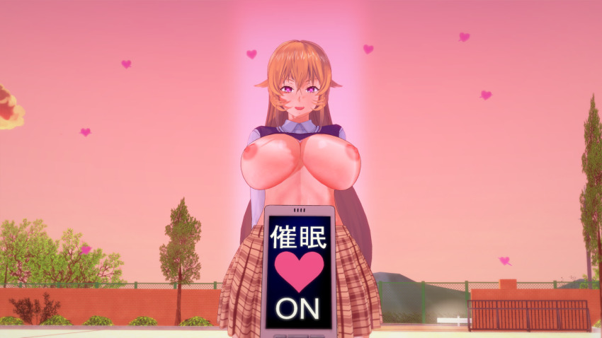 3d artist_request blonde_hair blush breasts cell_phone cleavage erect_nipples erina_nakiri female_only femsub happy_trance heart_eyes huge_breasts koikatsu! long_hair phone skirt solo symbol_in_eyes tech_control text translated valentine's_day