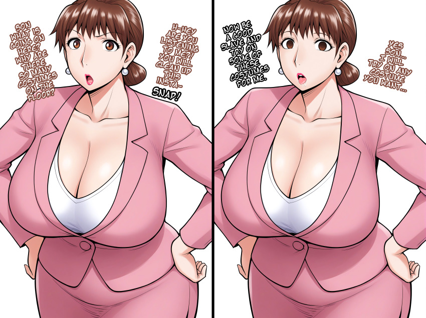 ai_art before_and_after breasts brown_eyes brown_hair cleavage drool empty_eyes expressionless female_only femsub hand_on_hip huge_breasts lipstick looking_at_viewer maledom manip milf minimimic_(generator) minimimic_(manipper) mom_(jinsuke) mom_is_my_doll mother_and_son office_lady open_mouth short_hair simple_background skirt son_(jinsuke) stable_diffusion_(ai) text trigger white_background