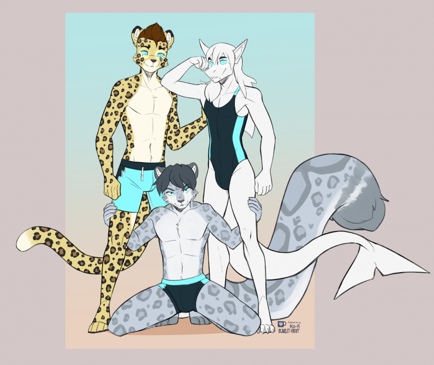 aiden_(novus724) ash_(ashkelling) brown_hair cat_boy cheetah_boy furry glowing_eyes grey_hair happy_trance kiyn_(kiynatonis) male_only maledom malesub original scarlet-frost shark_boy short_hair smile snow_leopard_boy swimsuit topless white_hair yaoi