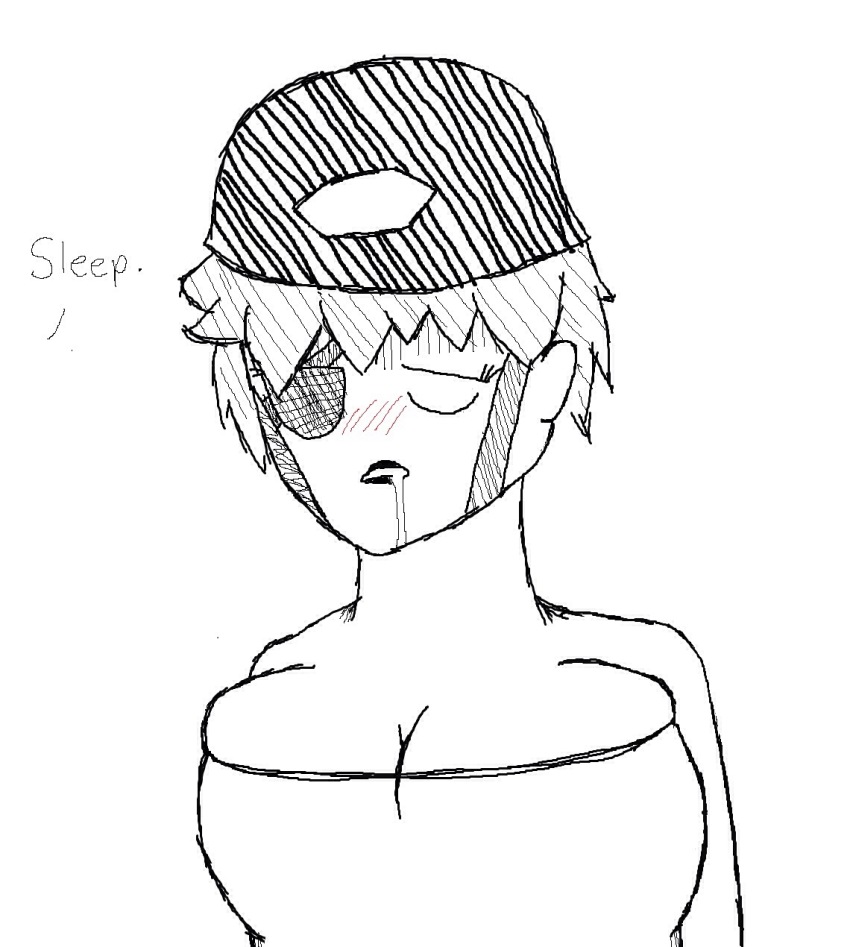 blush breasts cleavage drool eyepatch femsub helmet large_breasts lipstick original simple_background sketch sleeping solo steven_universe text thespoon