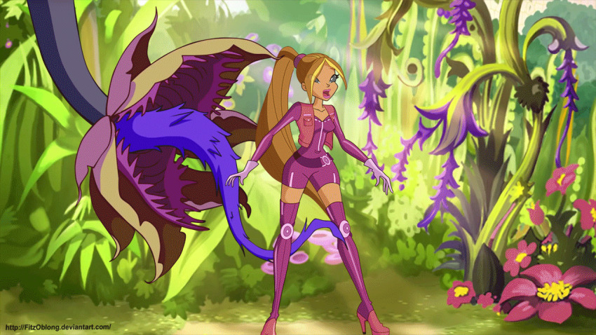 animated animated_gif bodysuit boots breasts brown_hair dark_skin dazed fitzoblong flora_(winx_club) knee-high_boots long_hair spiral_eyes symbol_in_eyes winx_club