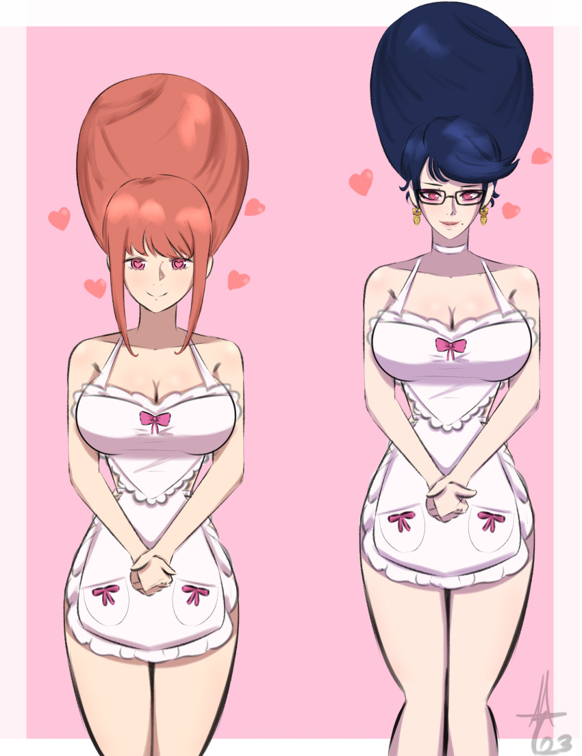 absurdres apron bangs bayonetta bayonetta_(series) beehive_hair black_hair blush breasts chainsaw_man cleavage domestication earrings eyeshadow female_only femsub glasses happy_trance heart heart_eyes housewife large_breasts makeup makima_(chainsaw_man) mole multiple_girls multiple_subs naked_apron pink_eyes red_hair signature simple_background smile standing stepfordization symbol_in_eyes transparenttexture