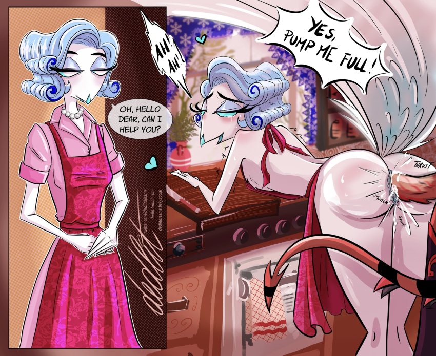 anal andrealphus_(helluva_boss) anus apron ass bare_shoulders bent_over blush bottomless crossdressing dedlitdreams demon demon_boy dialogue domestication english_text eyelashes feminization furry helluva_boss makeup maledom malesub multiple_boys naked_apron necklace owl_boy sex stepfordization striker_(helluva_boss) tagme tears text yaoi