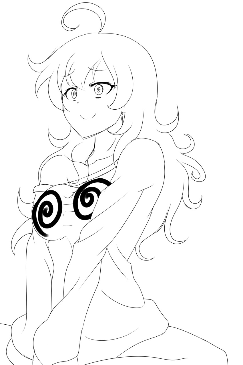 absurdres ahoge breasts curly_hair female_only femsub greyscale happy_trance hypno-tan large_breasts long_hair myuk original simple_background sitting smile spiral spiral_eyes symbol_in_eyes white_background