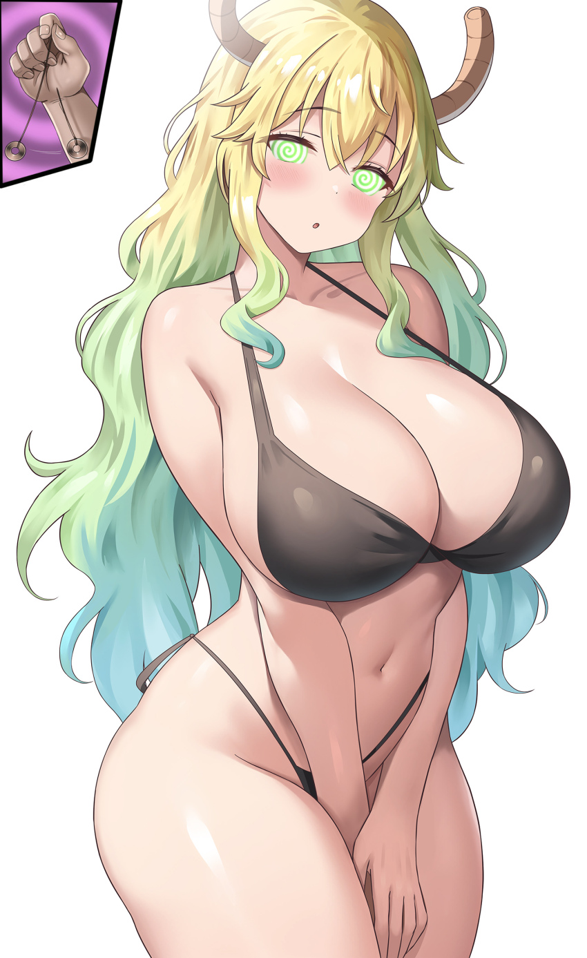 absurdres bangs bikini_bottom bikini_top blonde_hair blush breasts cleavage coin collarbone dragon_girl expressionless eyebrows_visible_through_hair female_only femsub glowing_eyes green_eyes green_hair horns huge_breasts jasony large_hips long_hair looking_at_viewer manip miss_kobayashi's_dragon_maid misterman4_(manipper) multicolored_hair navel open_mouth pendulum quetzalcoatl_(maidragon) simple_background solo spiral spiral_eyes swimsuit symbol_in_eyes tagme white_background