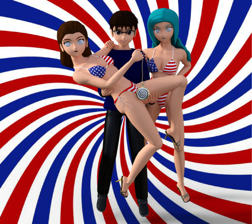 bikini bikini_bottom bikini_top blue_hair breasts brown_hair flag_bikini fourth_of_july hypno-tato hypnotic_eyes hypnotized_hypnotist maledom pendulum pocket_watch spiral spiral_background spiral_eyes standing swimsuit tagme