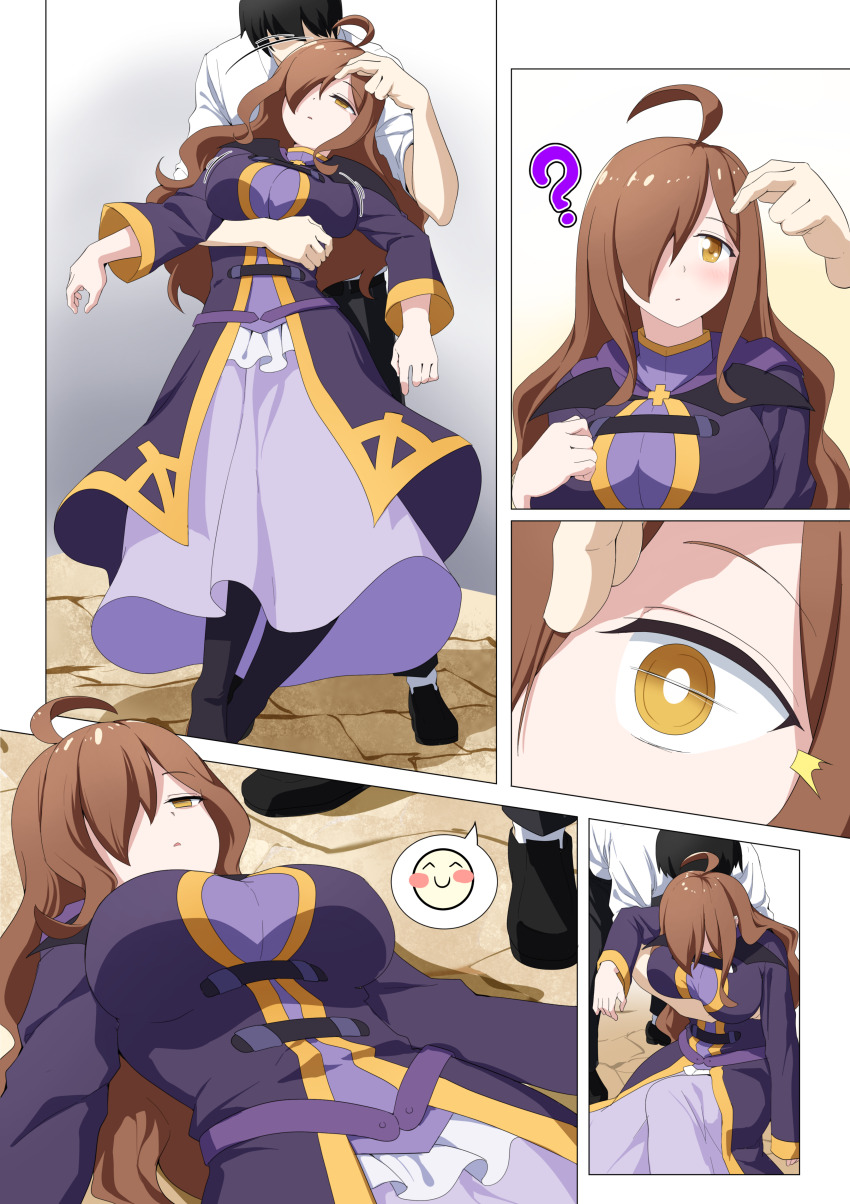 absurdres ahoge blush breasts brown_eyes brown_hair clothed comic confused dress etlabsotwe expressionless femsub finger_to_forehead gradient_background kono_subarashii_sekai_ni_shukufuku_wo! large_breasts limp long_hair maledom preview right_to_left sleeping speech_bubble surprised trigger wiz_(konosuba)