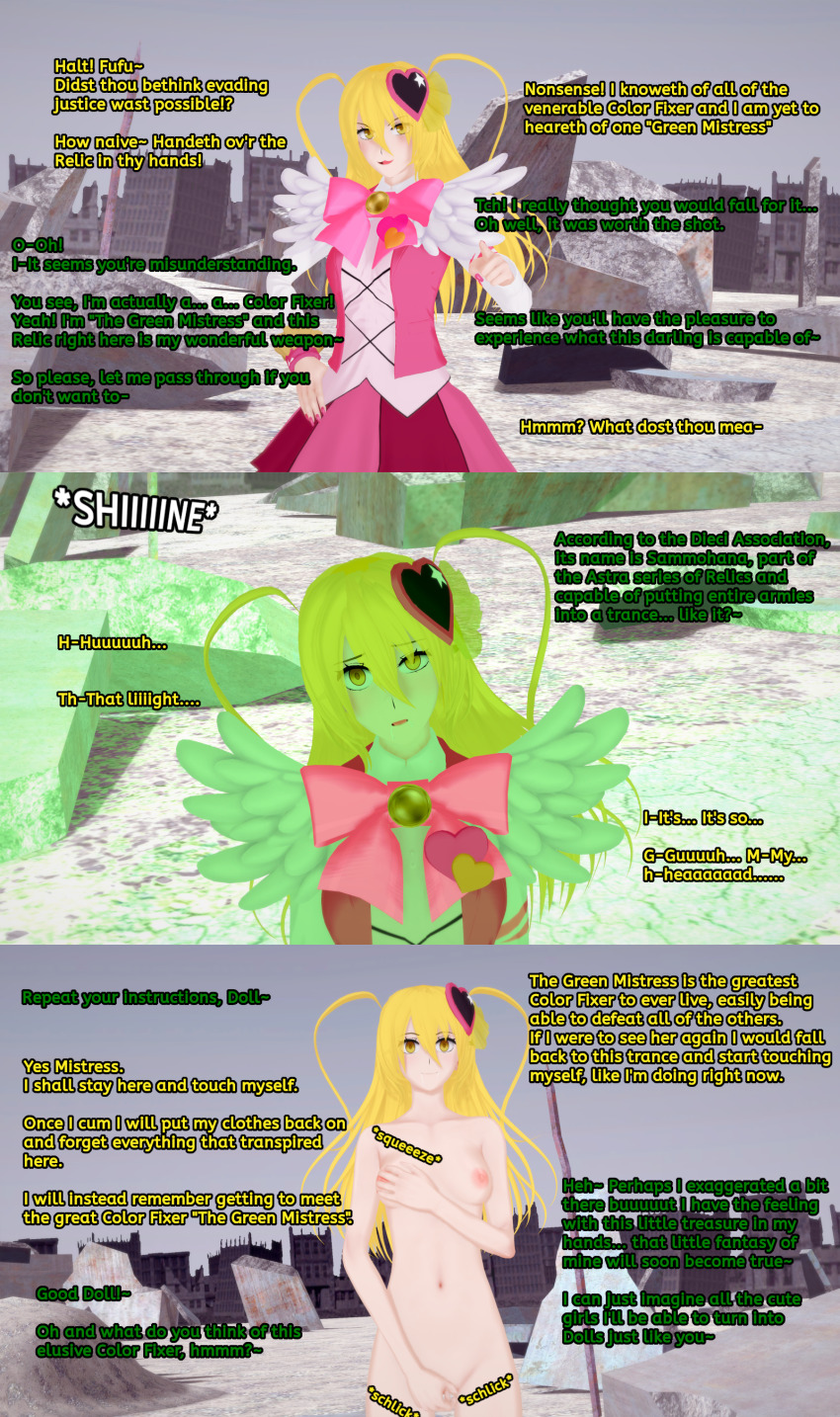 3d absurdres blonde_hair dialogue don_quixote_(limbus_company) drool empty_eyes english_text female_only femdom femsub happy_trance hypnotic_light koikatsu! limbus_company liz_b magical_girl masturbation memory_alteration nail_polish nude smile text