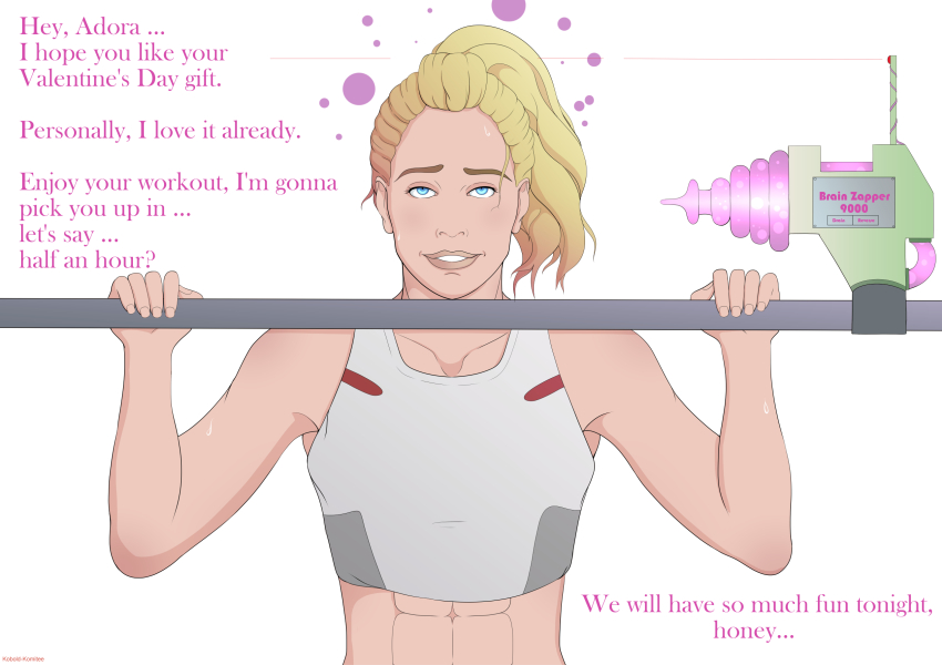 abs adora blonde_hair blue_eyes brain_drain consensual dazed empty_eyes exercise female_only femsub hypnotic_gun kobold-komitee ponytail raygun she-ra_and_the_princesses_of_power smile solo sweat tank_top tech_control text valentine's_day weightlifting