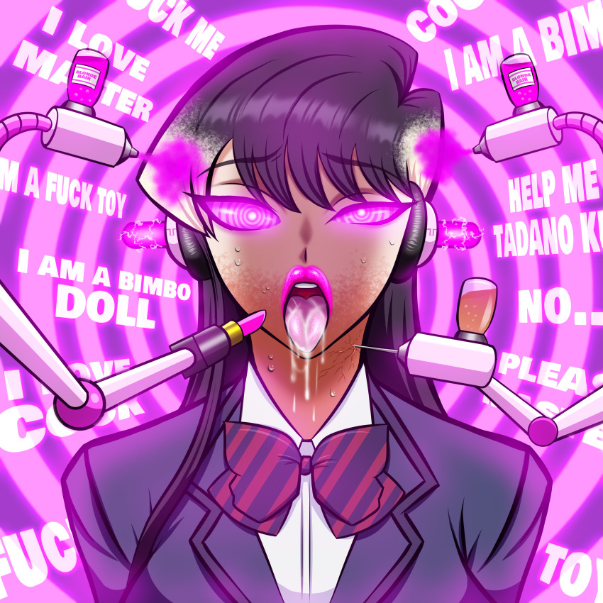 bimbofication black_hair blonde_hair corruption drool electricity female_only femsub ganguro headphones hypnotic_audio injection komi_can't_communicate komi_shouko lipstick long_hair makeup mantra my_(artist) needle nightmare_fuel open_mouth pink_lipstick resisting ring_eyes school_uniform sequence spiral_background spiral_eyes sweat text