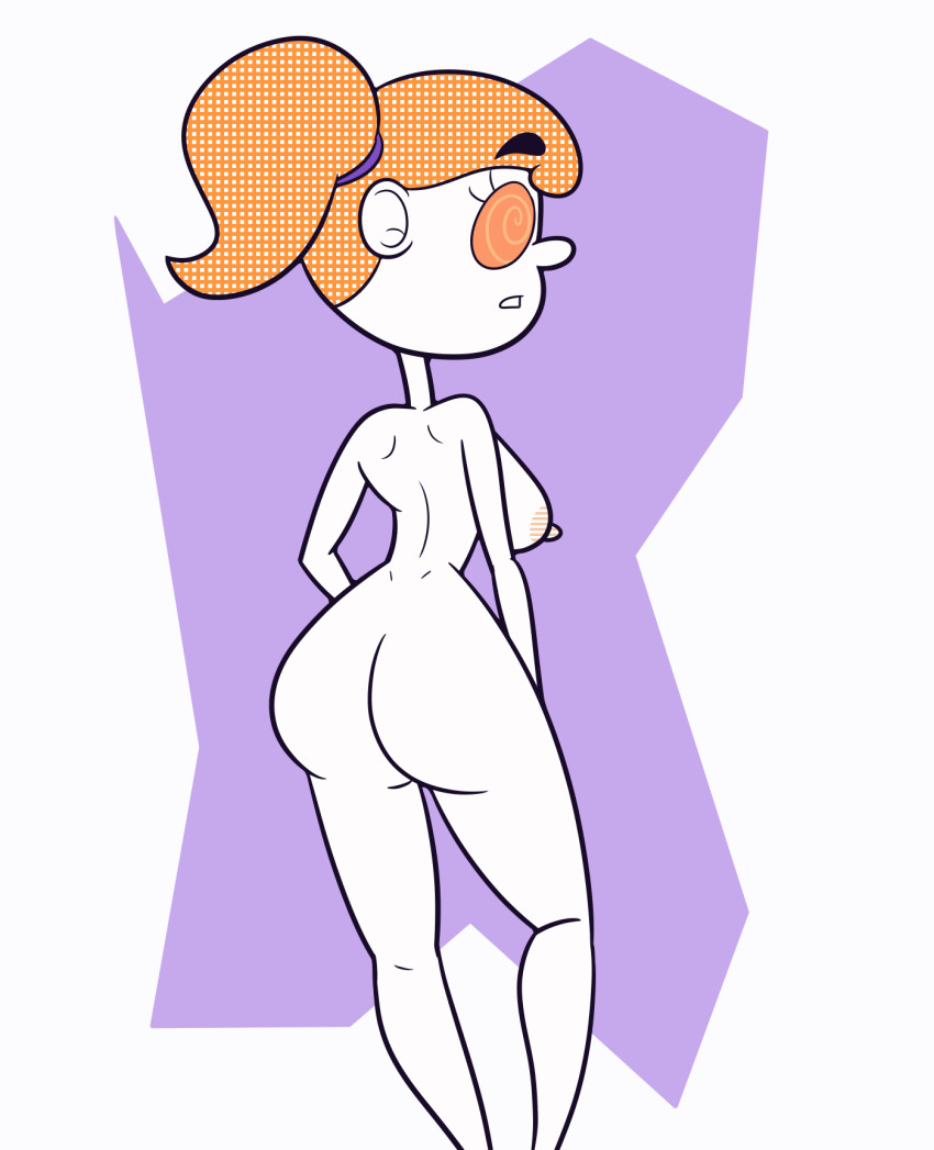 apopop ass bottomless breasts expressionless female_only femsub large_ass large_breasts nipples nude open_mouth orange_eyes orange_hair original simple_background solo spiral_eyes standing symbol_in_eyes topless twintails two-tone_background western