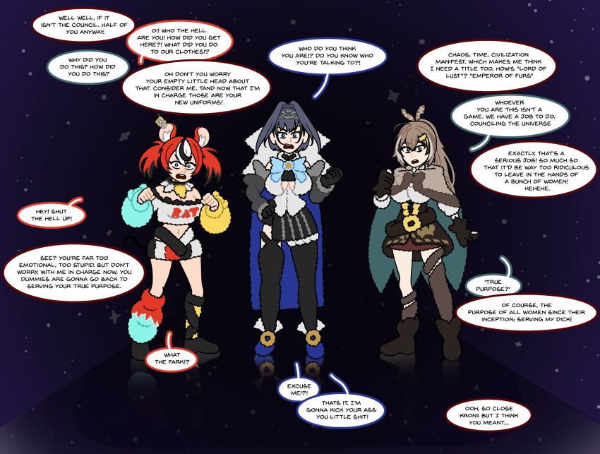 blue_hair brain_drain clothed dialogue femsub fur_coat hakos_baelz hololive hololive_english kronii_ouro maledom microchip multiple_girls mumei_nanashi red_hair sexism unlikely virtual_youtuber