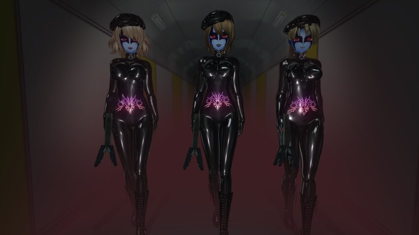 3d black_lipstick blonde_hair blue_skin bodysuit boots brown_hair collar crotch_tattoo custom_maid_3d_2 erect_nipples_under_clothes expressionless face_paint female_only femdom femsub glowing hat hypnotic_gas latex li_q lipstick looking_at_viewer multiple_doms multiple_girls multiple_subs ponytail red_eyes rubber short_hair tattoo tight_clothing weapon