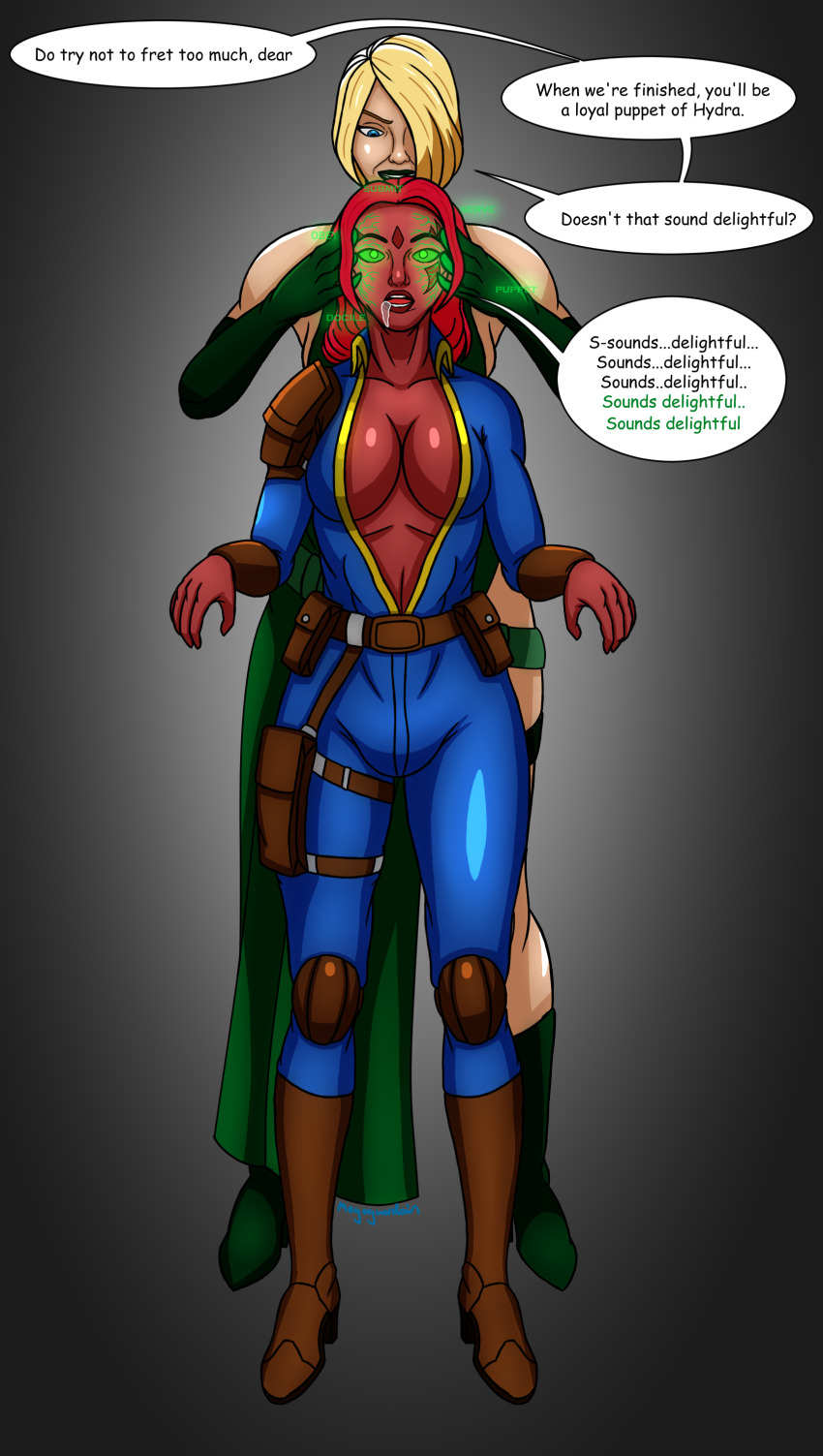 absurdres belt blink blonde_hair blue_eyes boots breasts cleavage drool femdom femsub glowing glowing_eyes green_eyes large_breasts madame_hydra magic mantra marvel_comics megaguardain open_clothes red_hair red_skin simple_background super_hero susan_storm text the_exiles