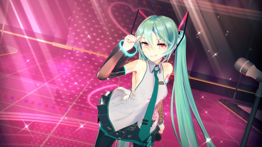 3d arm_warmers arms_above_head blue_hair boots breasts cyan_hair evil_smile female_only femsub koikatsu! looking_at_viewer microphone miku_hatsune red_eyes shirt skirt small_breasts smile solo standing taihou1944 thigh_boots thighhighs tie twintails very_long_hair vocaloid