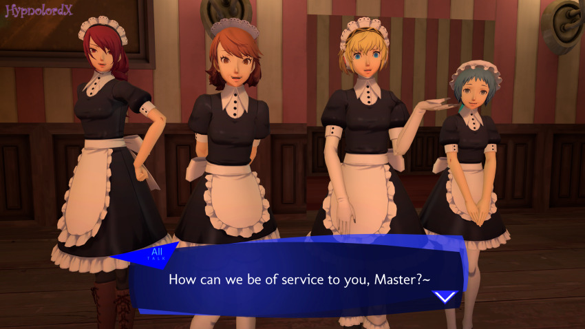 3d aegis_(persona) blonde_hair brown_hair clothed dialogue empty_eyes female_only fembot femsub fuuka_yamagishi green_hair happy_trance hypnolordx long_hair maid maid_headdress mitsuru_kirijo multiple_subs persona_(series) persona_3 ponytail pov_dom red_hair robot robot_girl short_hair smile source_filmmaker standing text yukari_takeba