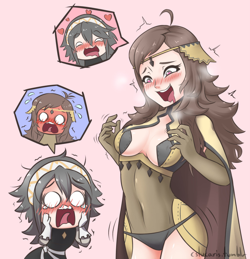 armor blonde_hair blush body_swap breasts cape clothed_exposure cslucaris drool embarrassed femdom femsub fire_emblem fire_emblem_fates gloves grey_hair heart heart_eyes large_breasts long_hair midriff nintendo open_mouth opera_gloves ophelia_(fire_emblem) panties pink_eyes simple_background skirt soleil_(fire_emblem) sweat symbol_in_eyes underwear
