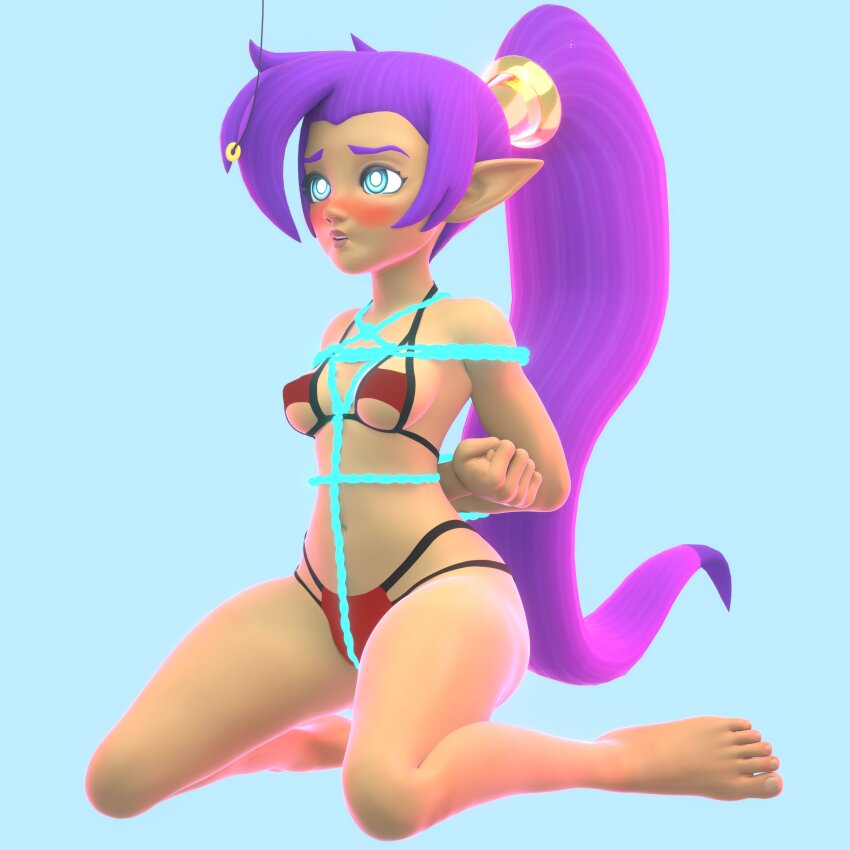 absurdres arms_behind_back bare_legs barefoot bikini blue_eyes blush bondage elf_ears femsub glowing_eyes hair_ornament kneeling legoguy9875 long_hair micro_bikini navel open_mouth pendulum ponytail purple_hair rope shantae shantae_(series) shibari simple_background tan_skin very_long_hair