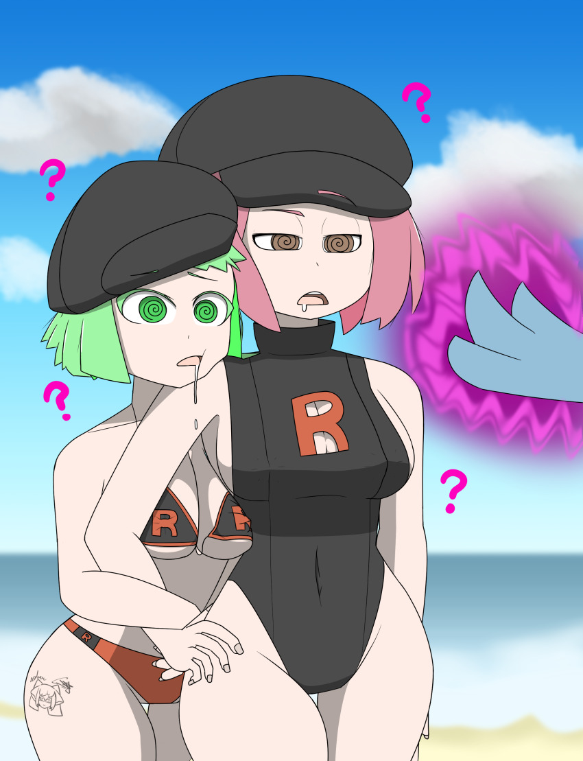 beach bikini bikini_bottom bikini_top breast_press breasts brown_eyes cleavage cleavage_cutout complex_background confused drool expressionless eyebrows_visible_through_hair eyelashes female_only femdom femsub gardevoir green_eyes green_hair hand_on_hip hat hypnotic_magic large_breasts leaning_forward magic midriff multiple_girls multiple_subs navel nintendo open_mouth pink_hair pokemon pokemon_(creature) pokemon_firered_and_leafgreen pokemon_heartgold_and_soulsilver saffron_(sobergin) short_hair signature sobergin spiral_eyes swimsuit symbol tattoo team_rocket team_rocket_grunt text thick_thighs thigh_gap thighs