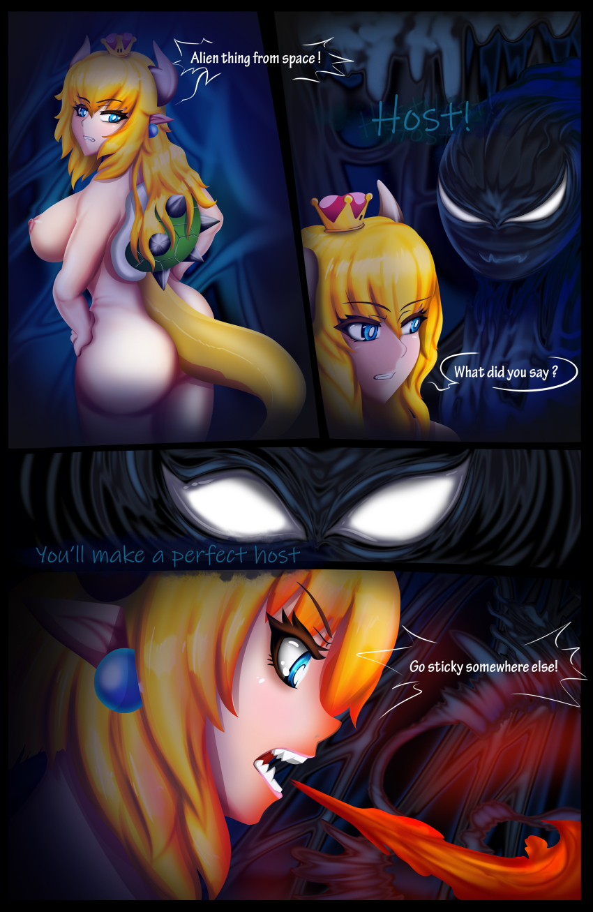 absurdres blonde_hair bowsette breasts cleavage comic elf_ears large_breasts new_super_mario_bros._u_deluxe nintendo rikatsuky speech_bubble super_crown super_mario_bros. symbiote text