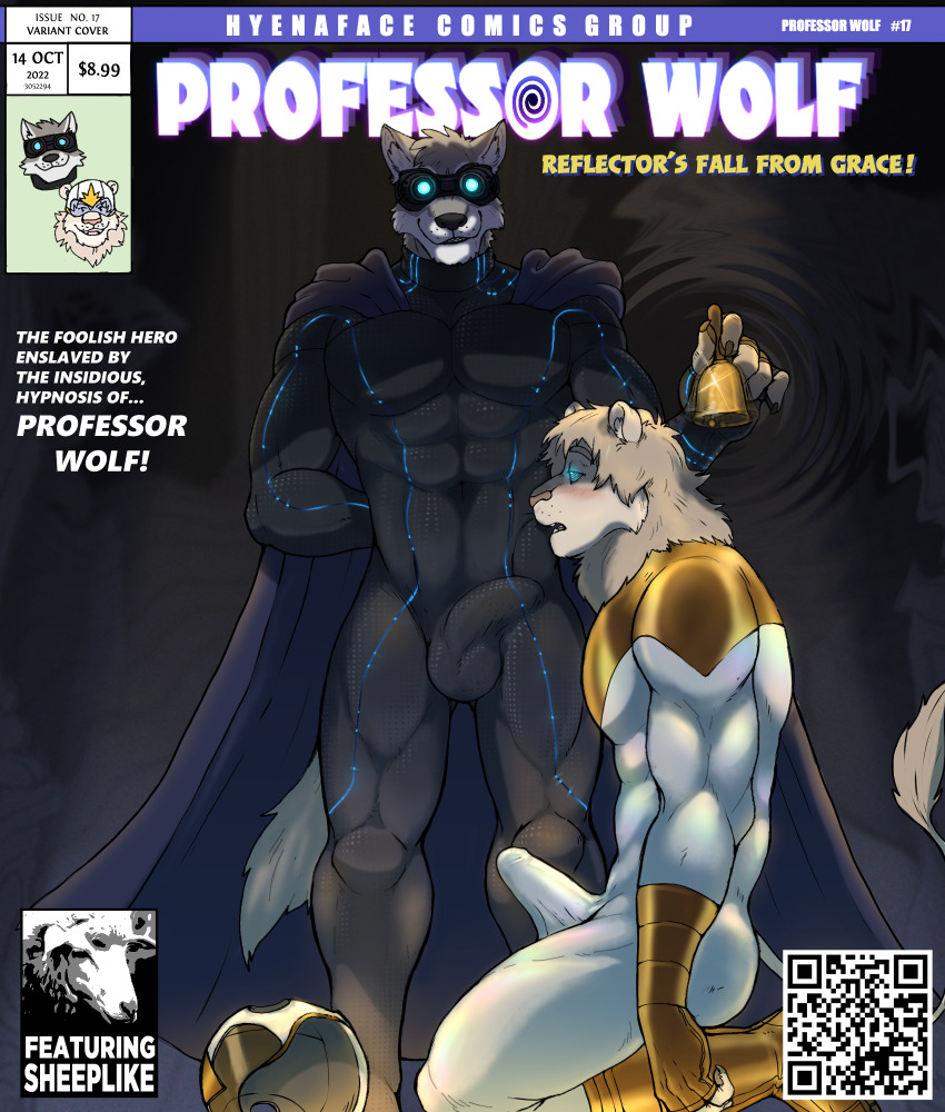 bell bodysuit boots bulge cape costume erection erection_under_clothes furry glowing glowing_eyes heavy_eyelids hyenaface hypnotic_audio kneeling lion_boy male_only maledom malesub muscle_boy open_mouth original penis professor_wolf story super_hero text trigger wolf_boy